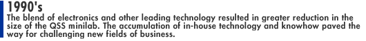 1990's: The blend of electronics and other leading technology resulted in greater reduction in the size of the QSS minilab. The accumulation of in-house technology and knowhow paved the way for challenging new fields of business.